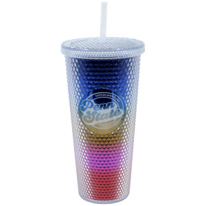 rainbow tumbler with studded outer finish, lid, straw, and Penn State